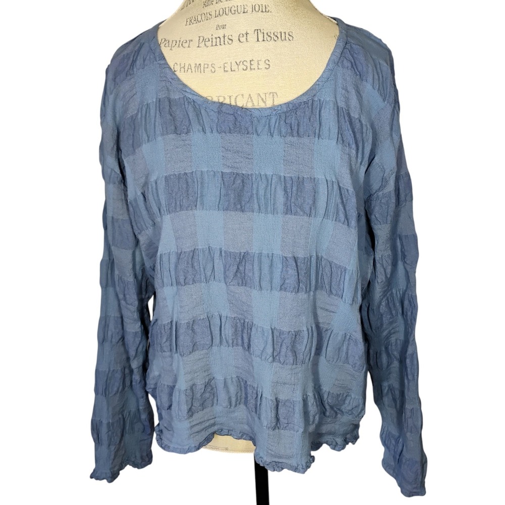 FLAX Linen Blend Top Small Blue Textured Lagenlook Minimalist Oversized Casual